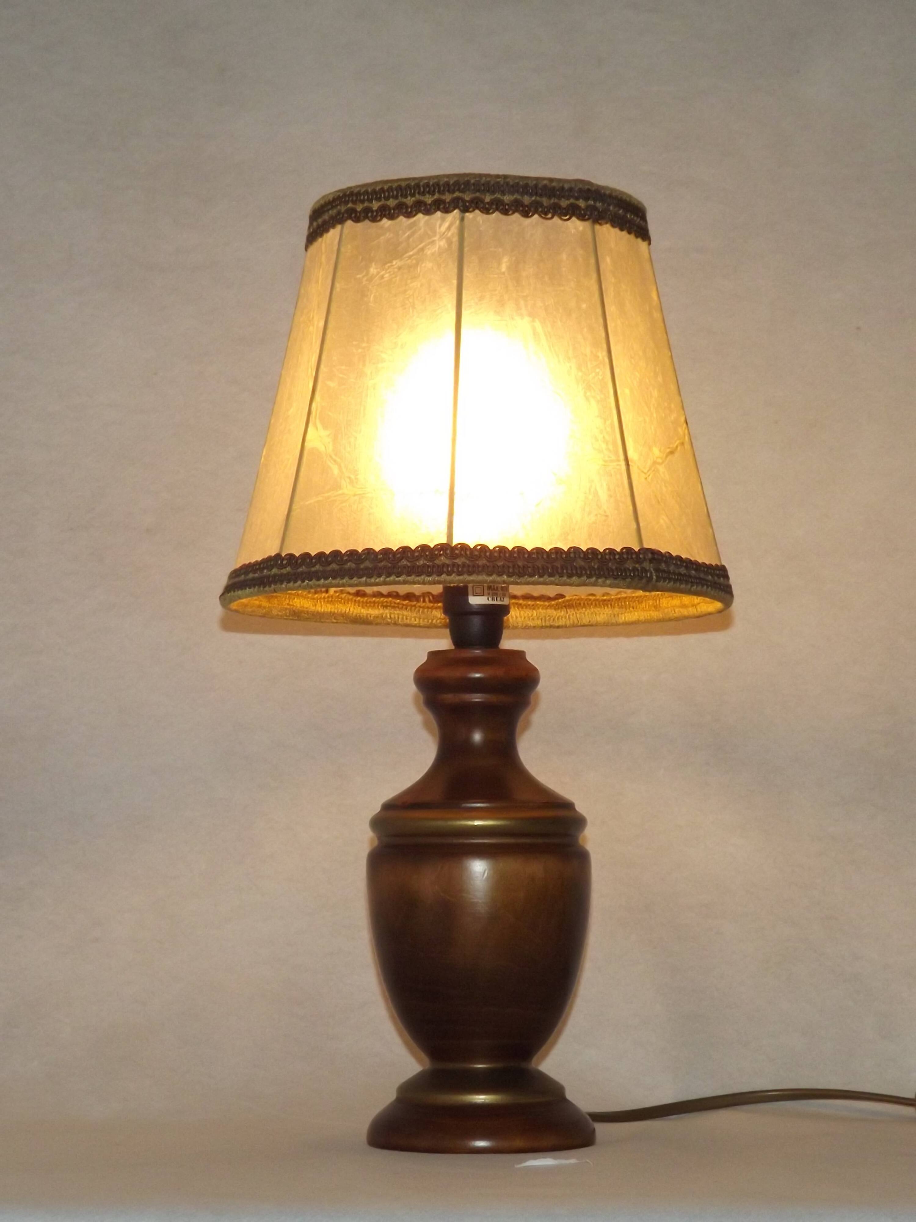 French Mid-Century Round Turned Wood Table Lamp with Hide Skin Shade