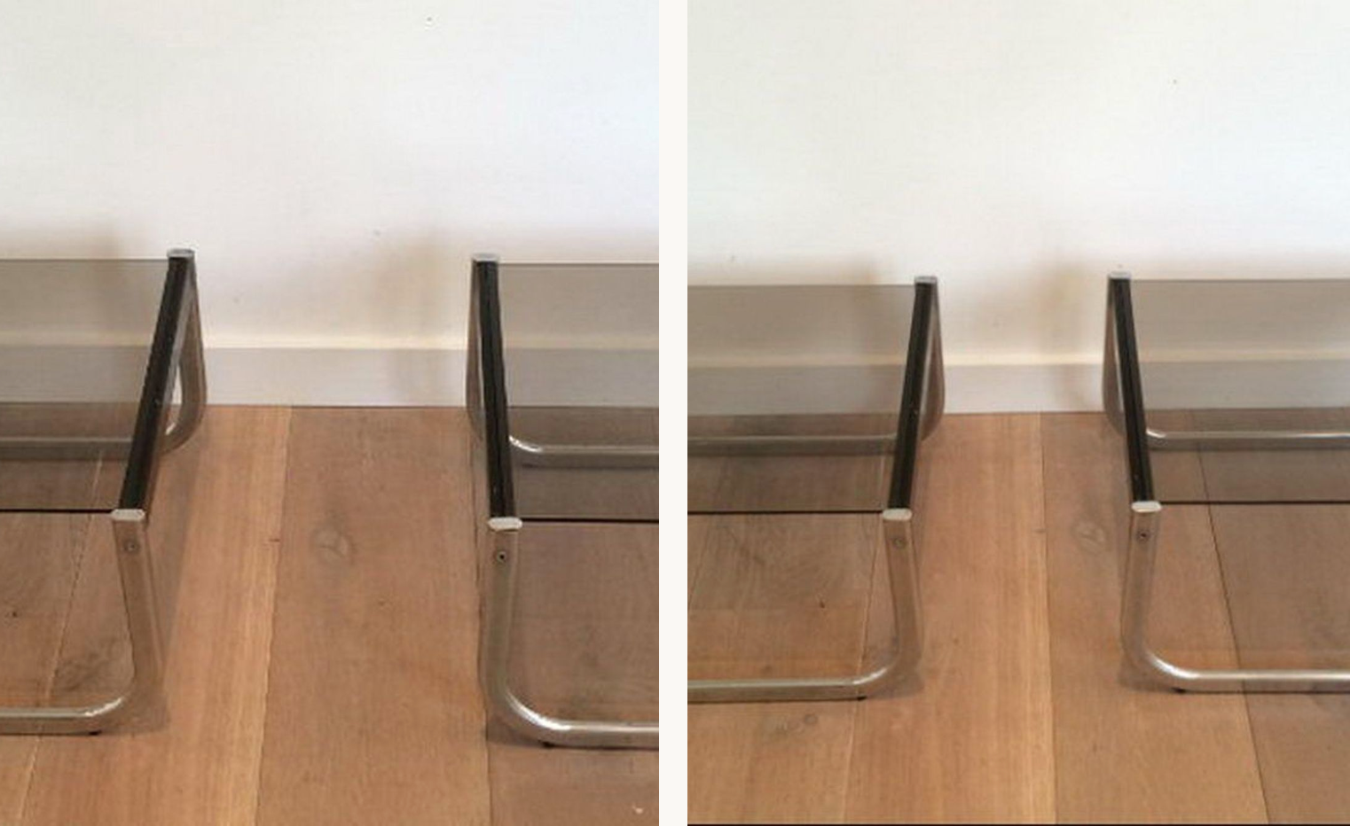 Pair of sofa ends in chrome, blackened wood and glass