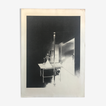 Lithographie originale signée de bernard moninot, chambre noire, 1985