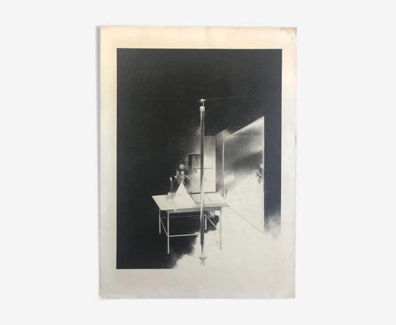Lithographie originale signée de bernard moninot, chambre noire, 1985