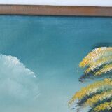 Vintage oil painting on canvas house and river