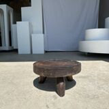 Small tripod stool low in dark brown upcycled teak