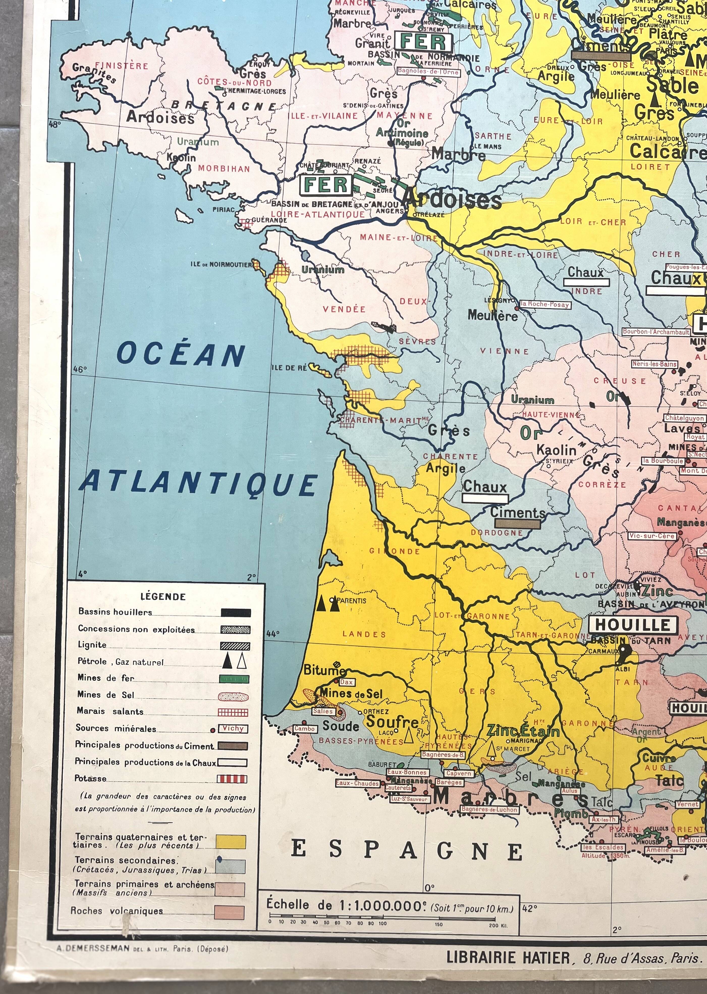 Old school map Hatier Brunhes 32, 1940 - Mineral France