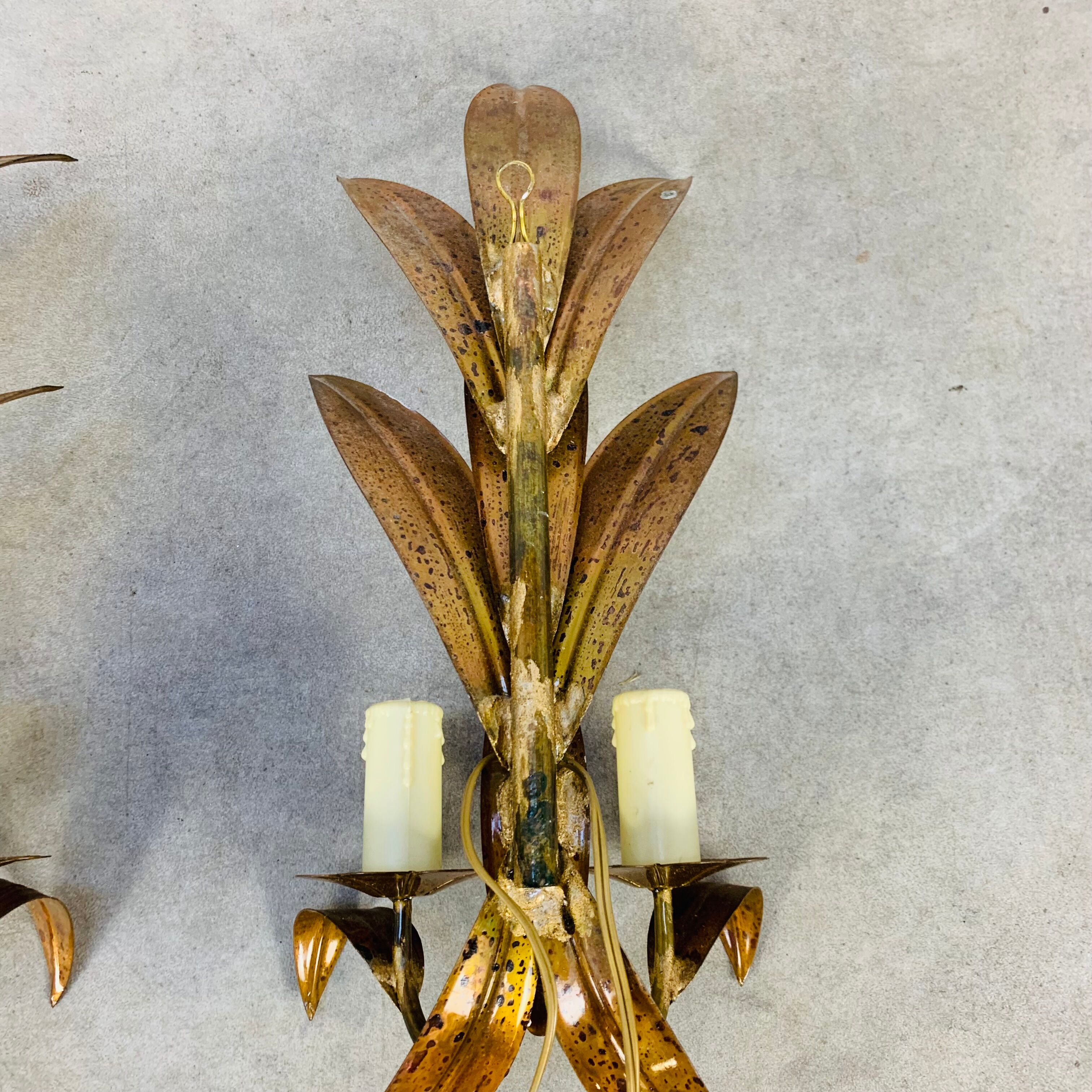 Pair of copper golden leaf sconces