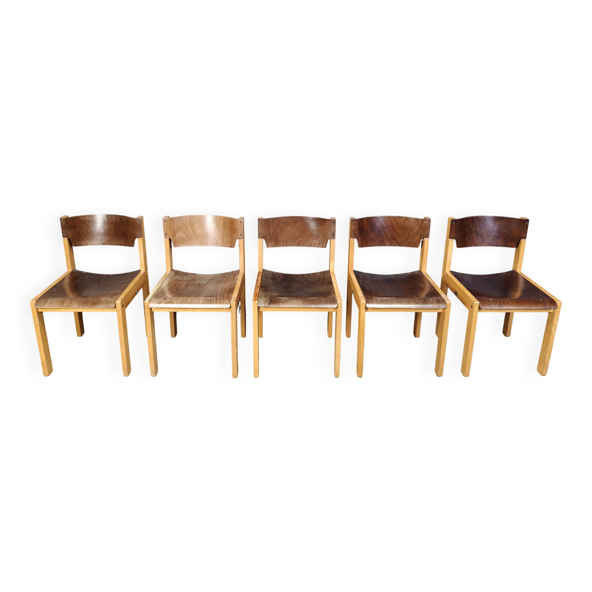 Mid-Century Brown and Birch Stacking Chairs set of 5