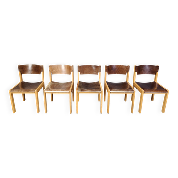 Mid-Century Brown and Birch Stacking Chairs set of 5