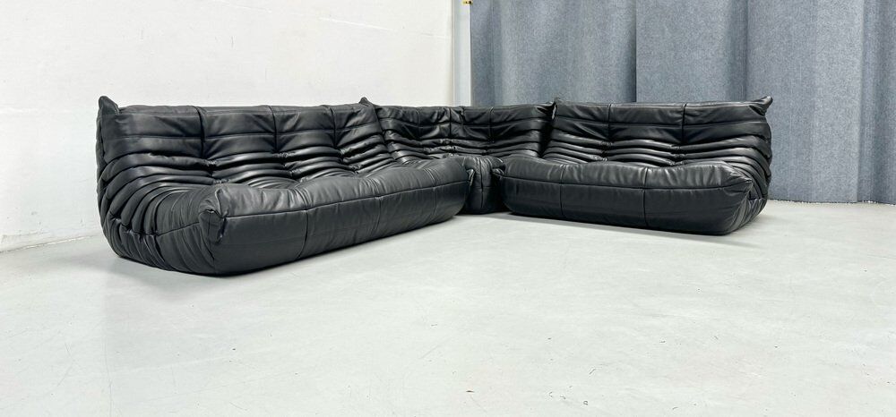 French Togo living room set in black leather by Michel Ducaroy for Ligne Roset, set of 3
