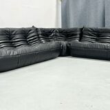 French Togo living room set in black leather by Michel Ducaroy for Ligne Roset, set of 3