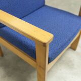 Comfortable 1980s blue and honey beech armchair