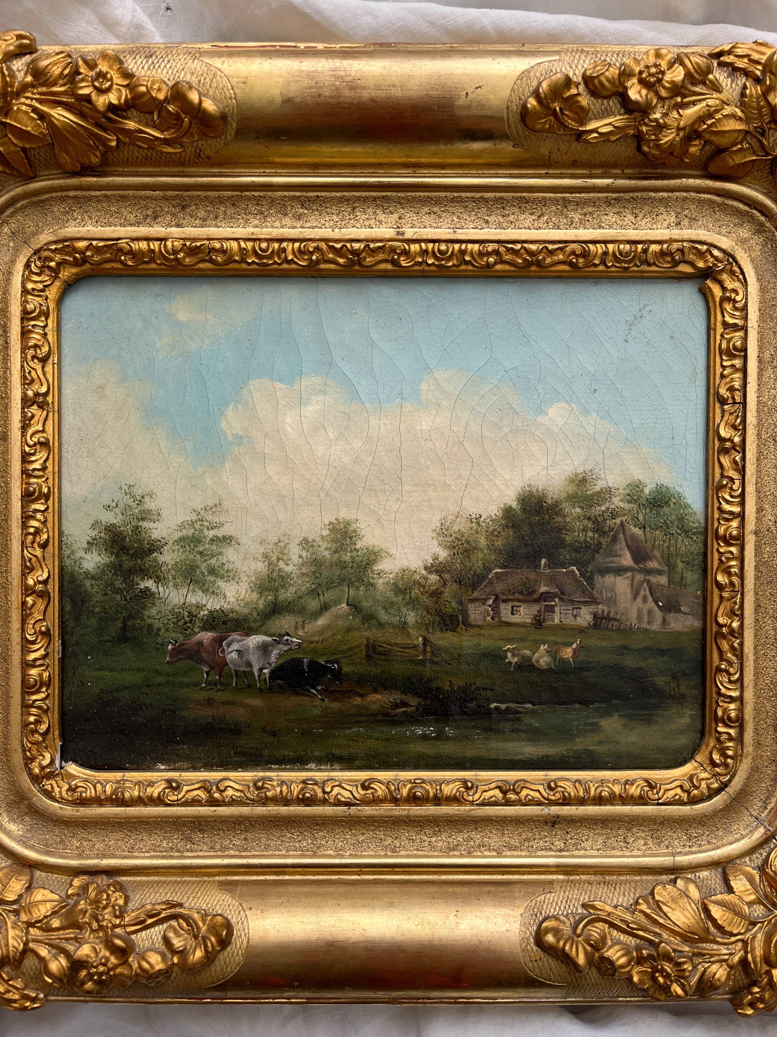 Old oil painting on canvas countryside landscape 19th