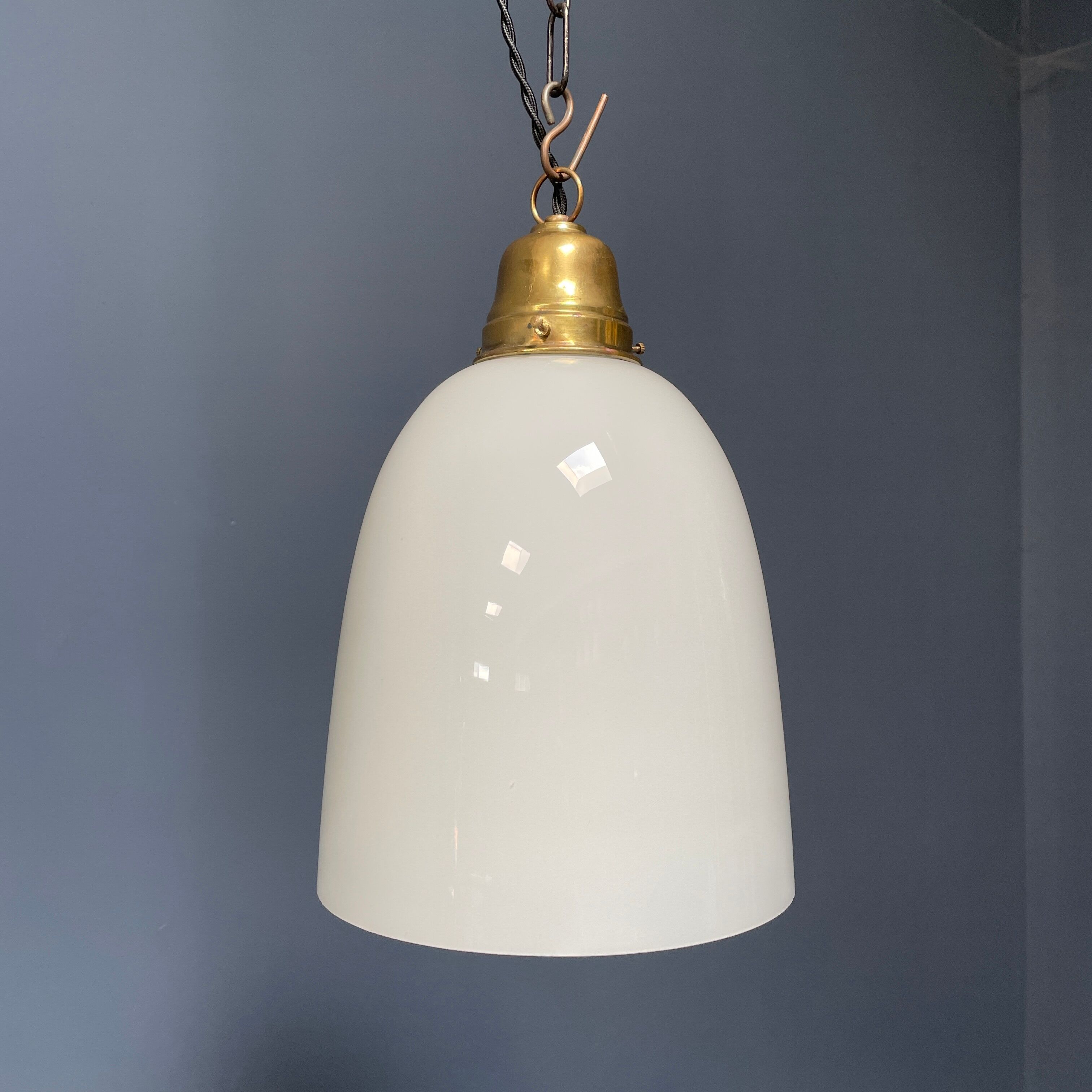 High opaline glass pendant lamp with brass fixture