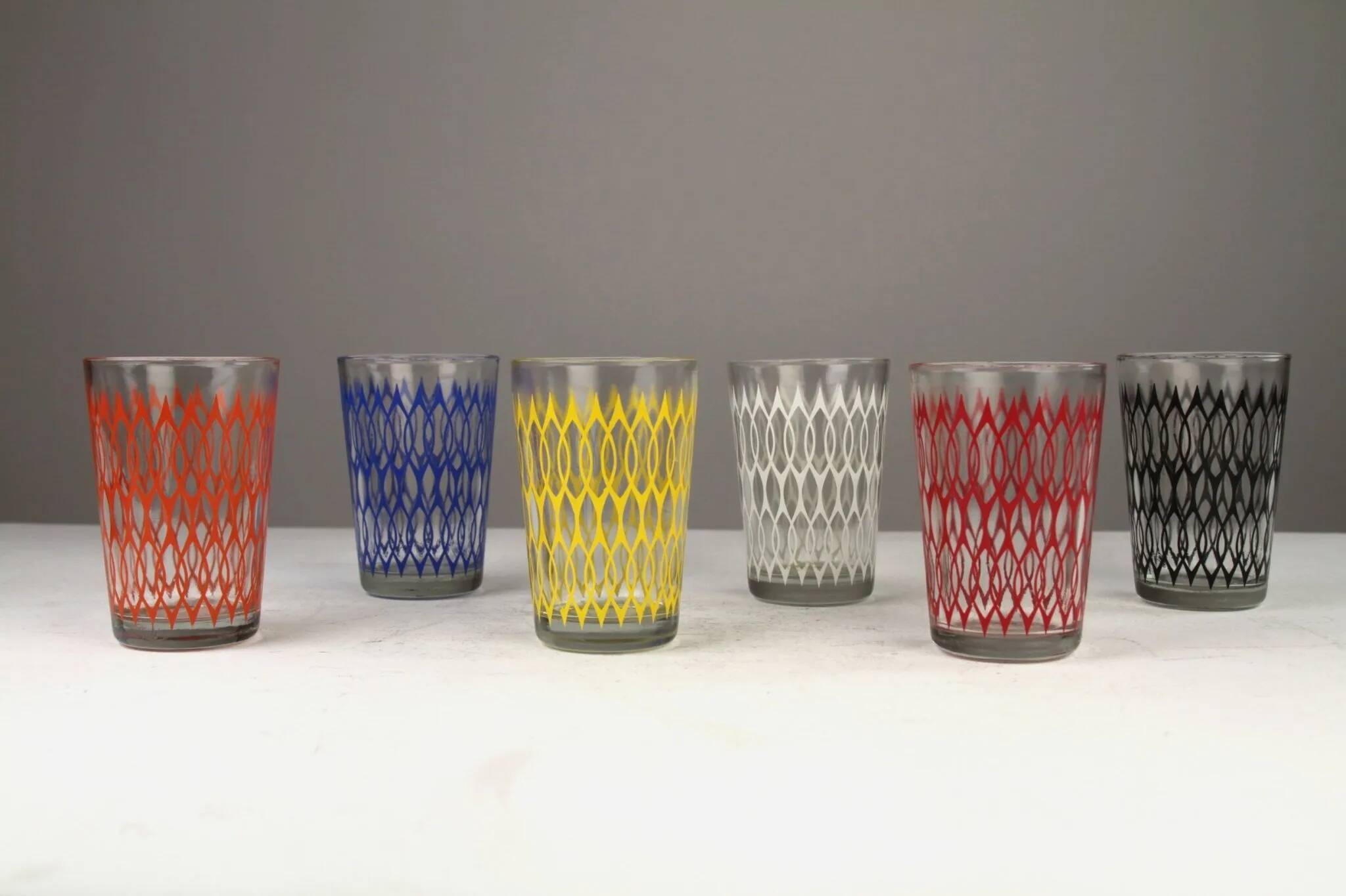 Set of 6 Vintage Lemonade Glasses in Black Metal Carrier — Made in Holland, 1960s/1970s