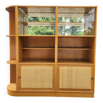 Old vintage oak and rattan bookcase shelf sideboard