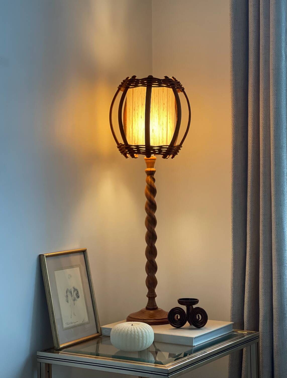Turned wood lamp.
