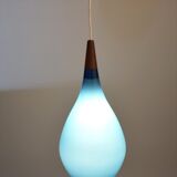 Holmegaard pendant lamp large model in blue blown glass and teak, Denmark, Poulsen