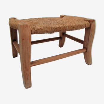 Stool low straw solid wood patinated vintage
