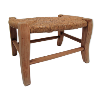 Stool low straw solid wood patinated vintage
