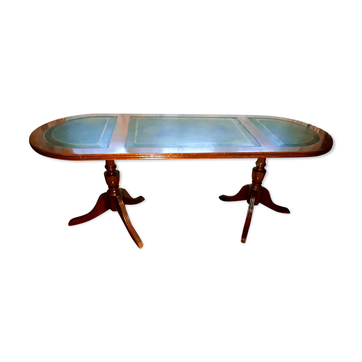 English coffee table, green leather