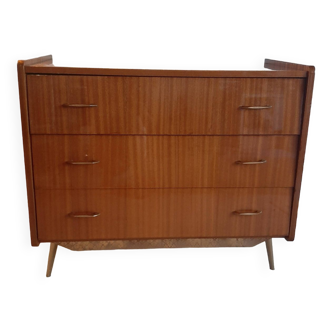 Vintage 3-drawer chest of drawers - varnished teak - Scandinavian style - retro patterns - 1960s