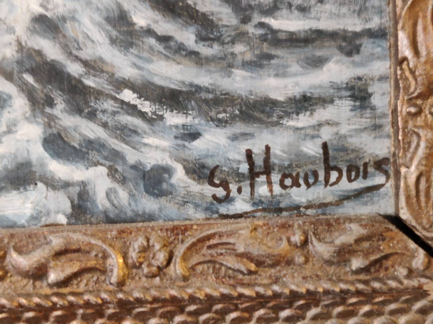 Lot of 2 old marine paintings on wood signed G. Haubois - Gilded frame