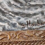 Lot of 2 old marine paintings on wood signed G. Haubois - Gilded frame