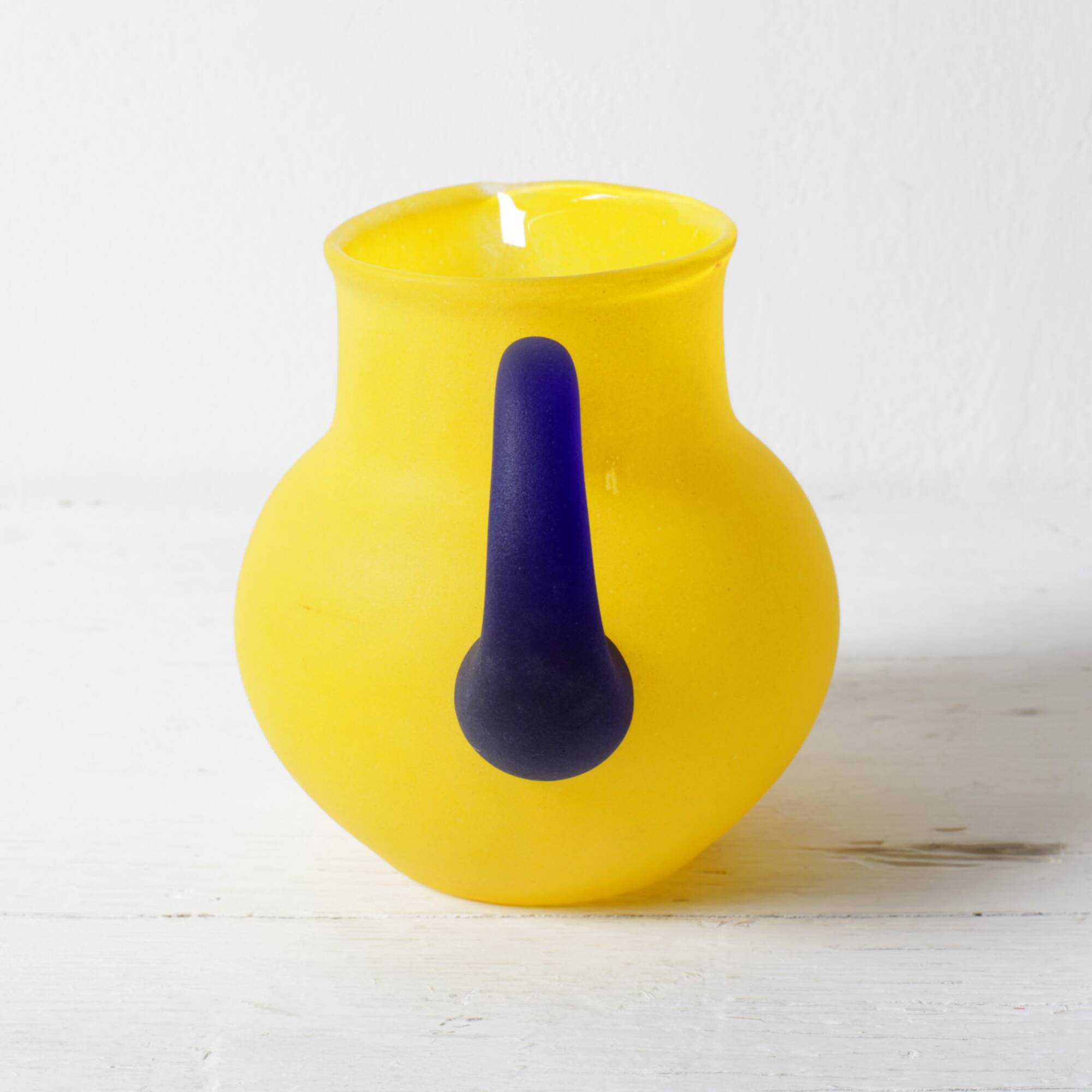 Small Vintage Frosted Glass Yellow and Blue Pitcher / Kosta Boda / Sweden /