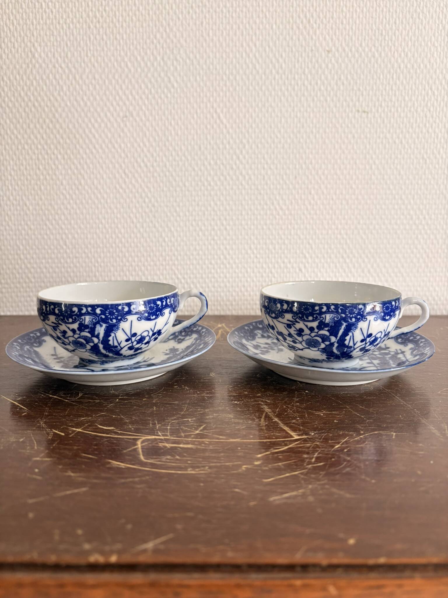Set of Two Japanese Porcelain Tea Cups Blue and White Sometsuke Plum Blossom Decor