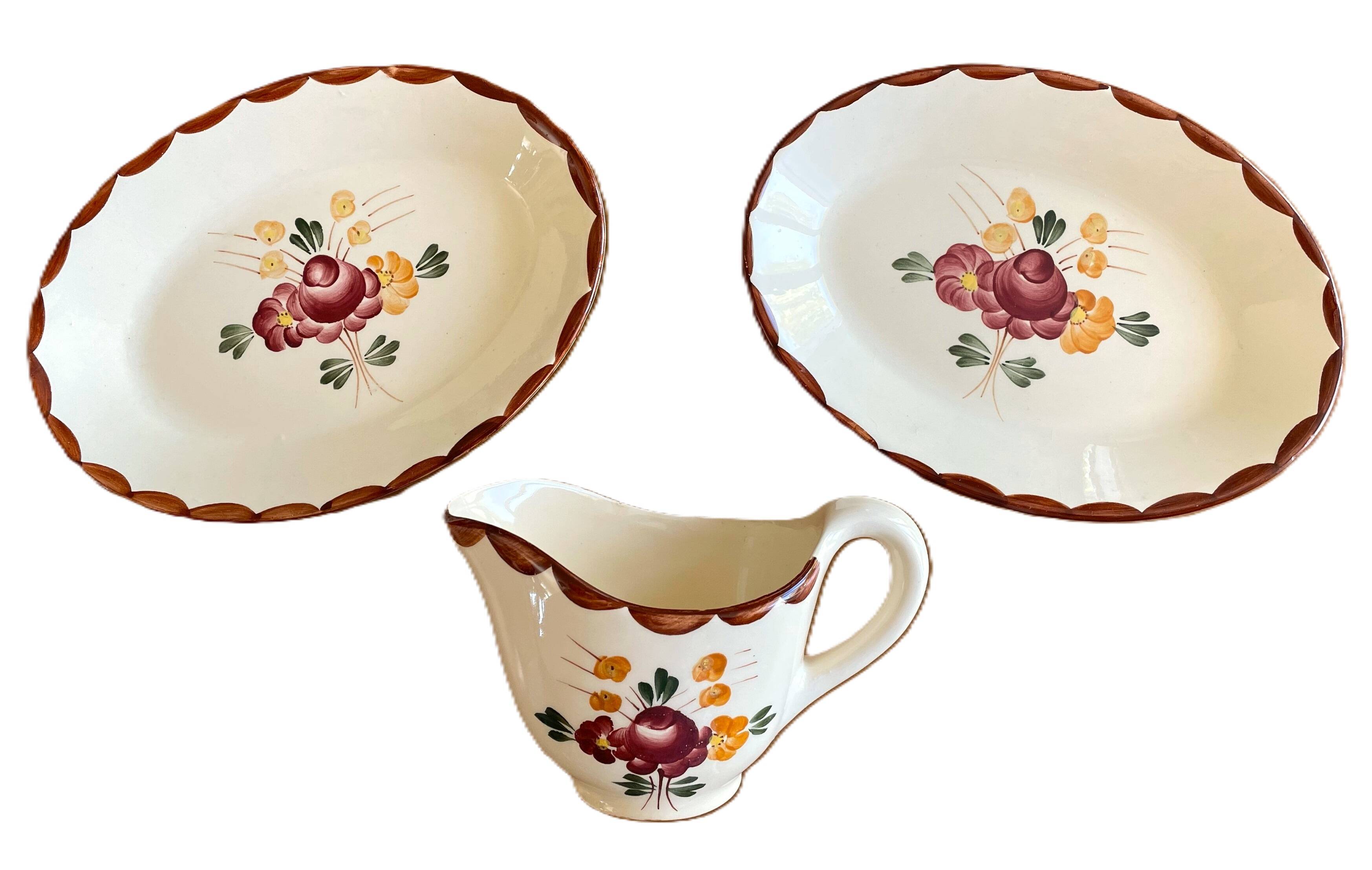 Pair of antique Longchamp earthenware raviers and sauceboats