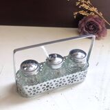 4-piece salt shaker, pepper and mustard set with spoon in stainless steel basket