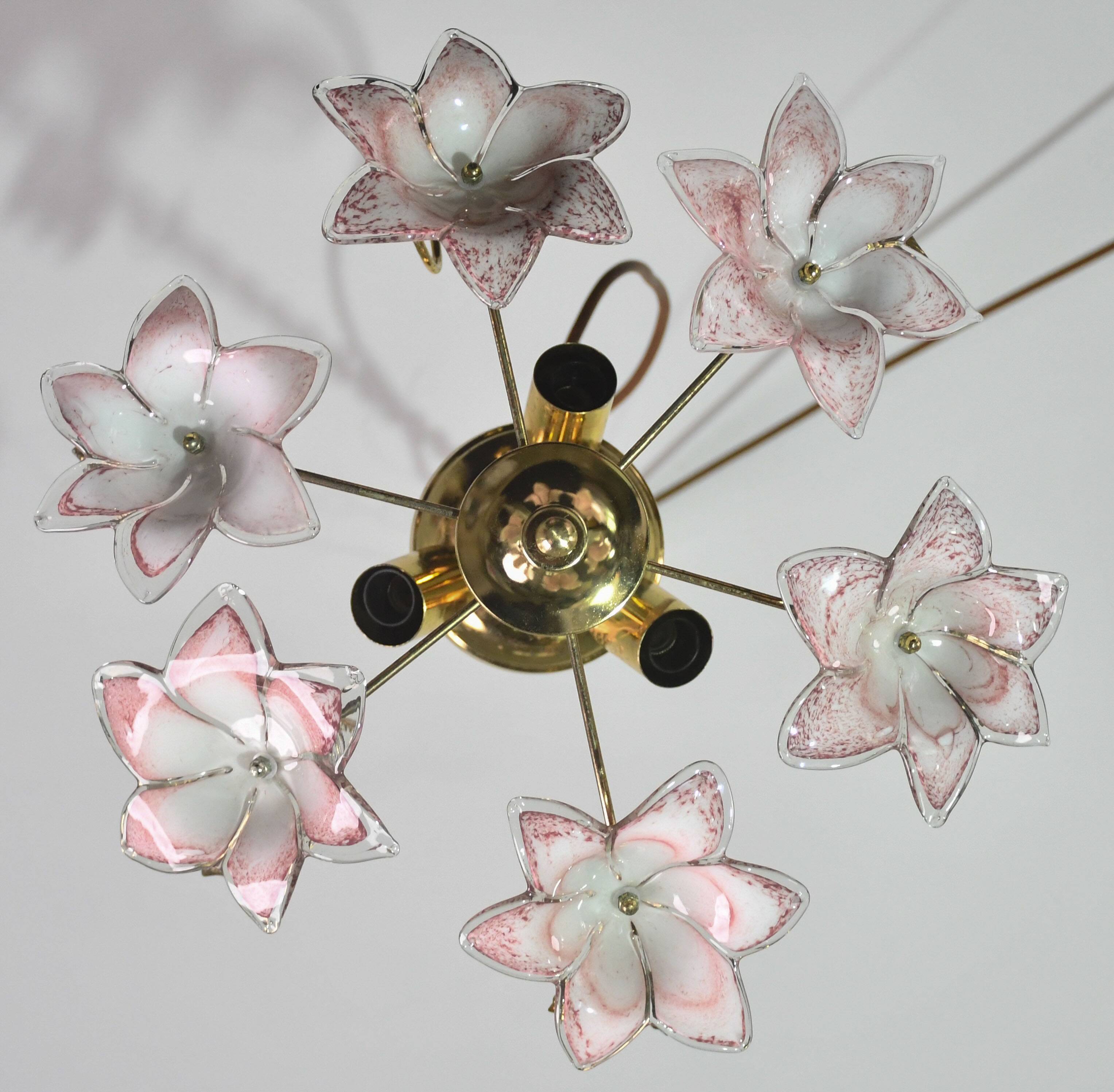 Set of 2 Charming Murano Vintage Ceiling Light Pink Flowers, 1970s