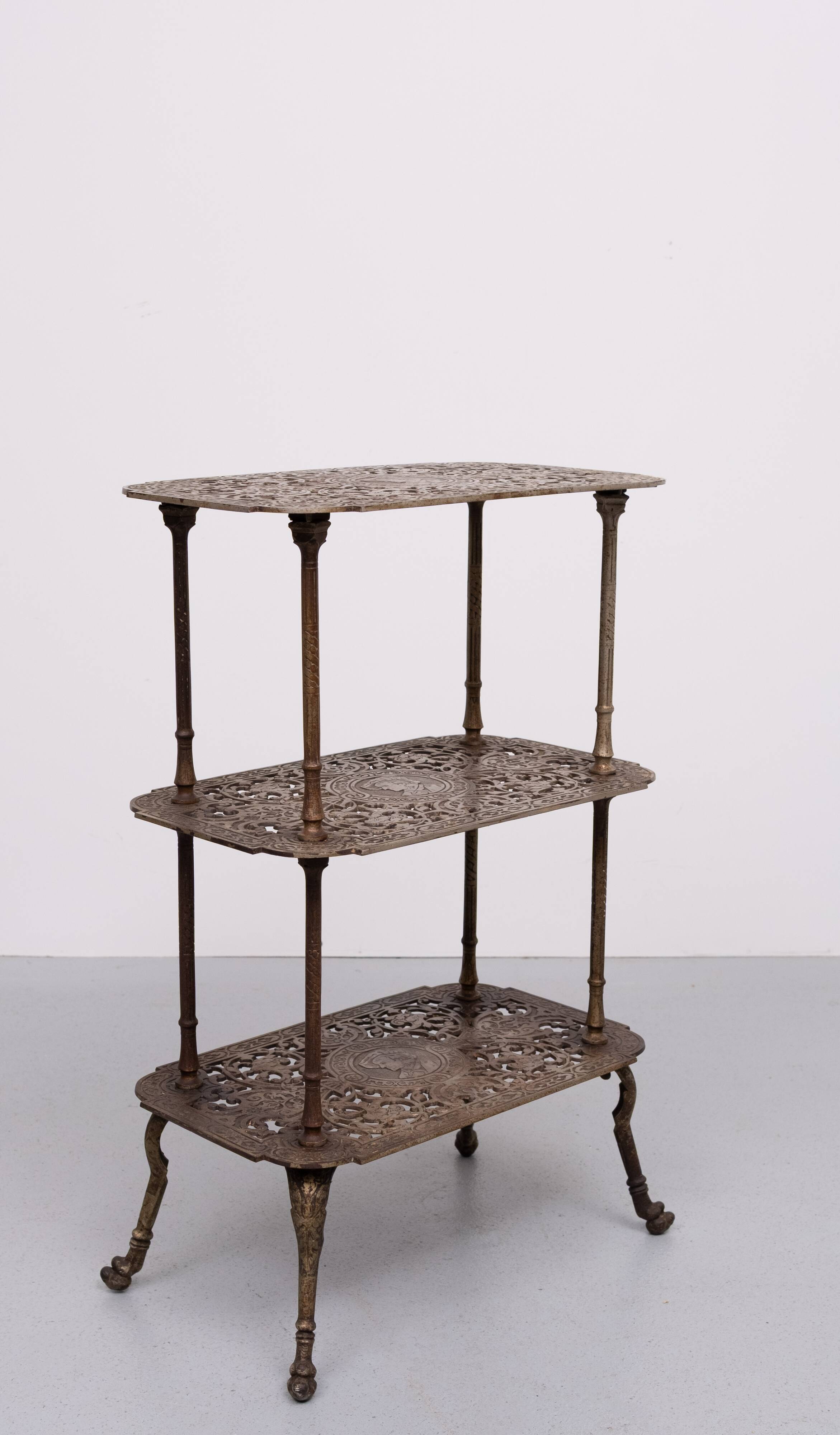 Antique Ornate Cast Iron French Brass 3 tier side table.