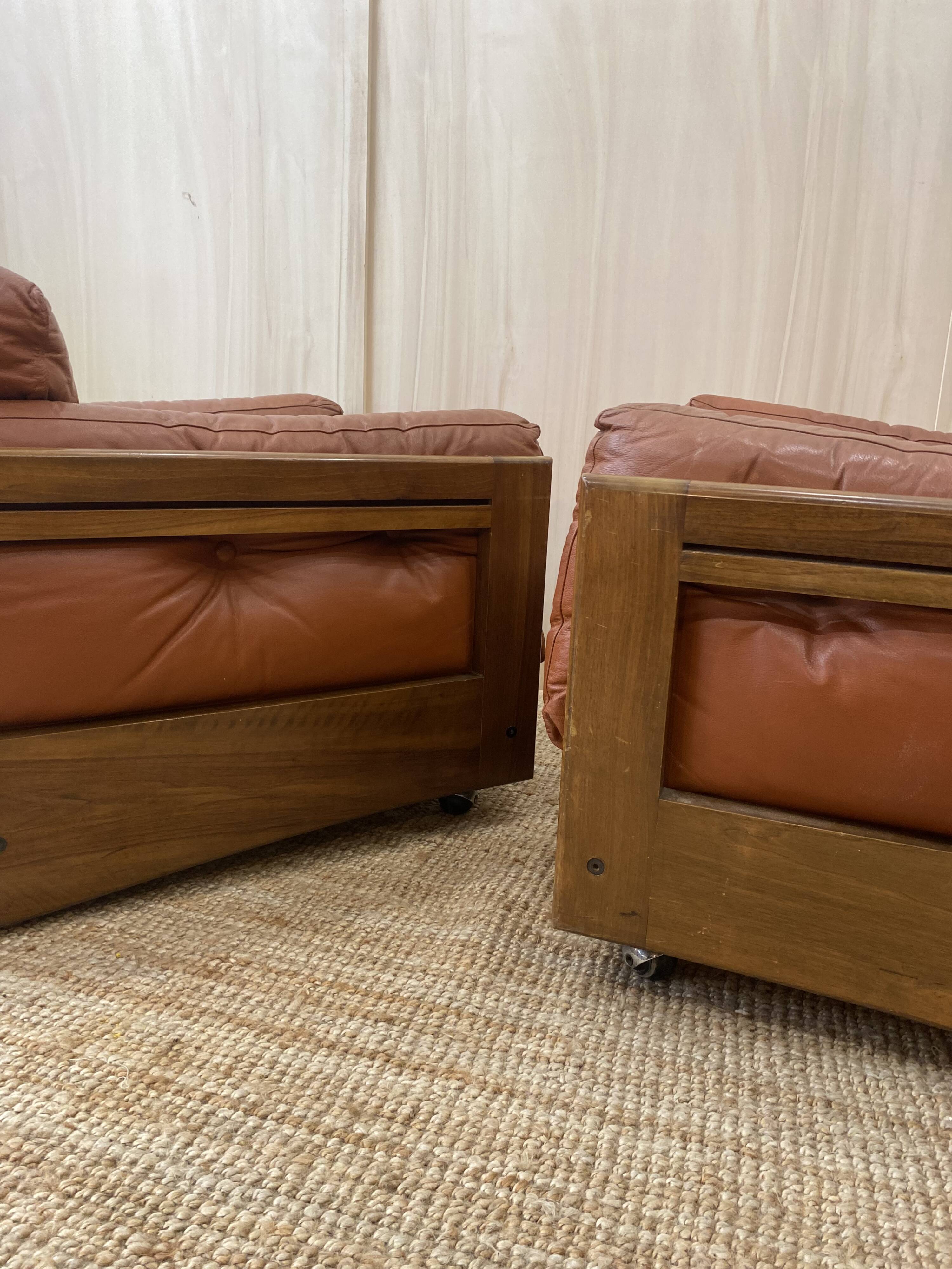 Pair of Cognac Leather Club Armchairs & Wood - Italian Design - 1970s