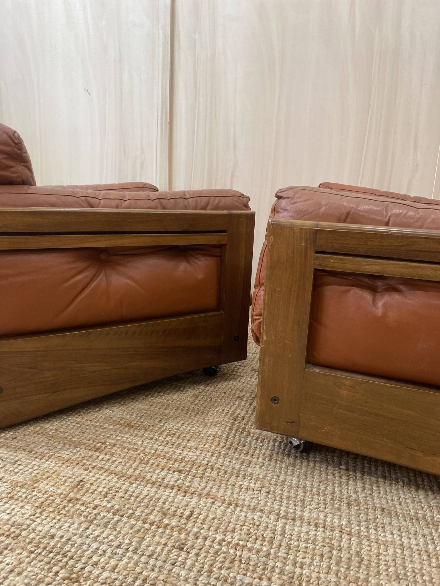 Pair of Cognac Leather Club Armchairs & Wood - Italian Design - 1970s