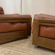 Pair of Cognac Leather Club Armchairs & Wood - Italian Design - 1970s