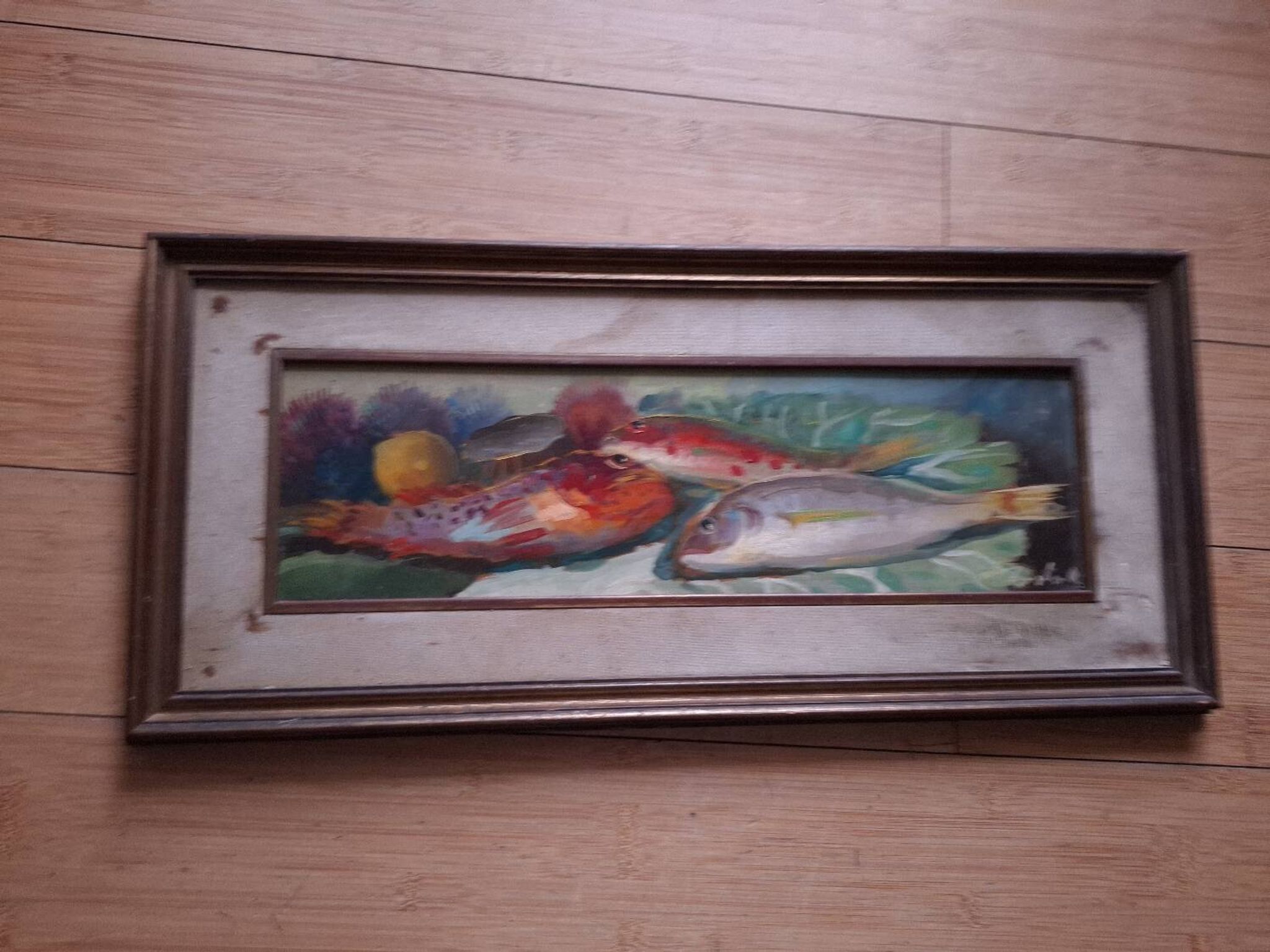 Oil on panel, still life with fish