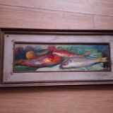 Oil on panel, still life with fish