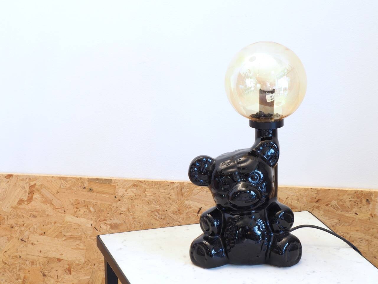 Ceramic bear lamp with vintage amber globe