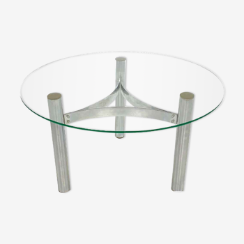 Vintage glass round coffee table with chrome base