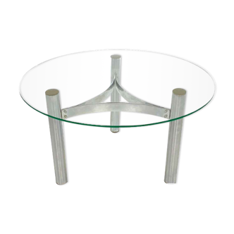 Table basse ronde en verre vintage avec base chromée