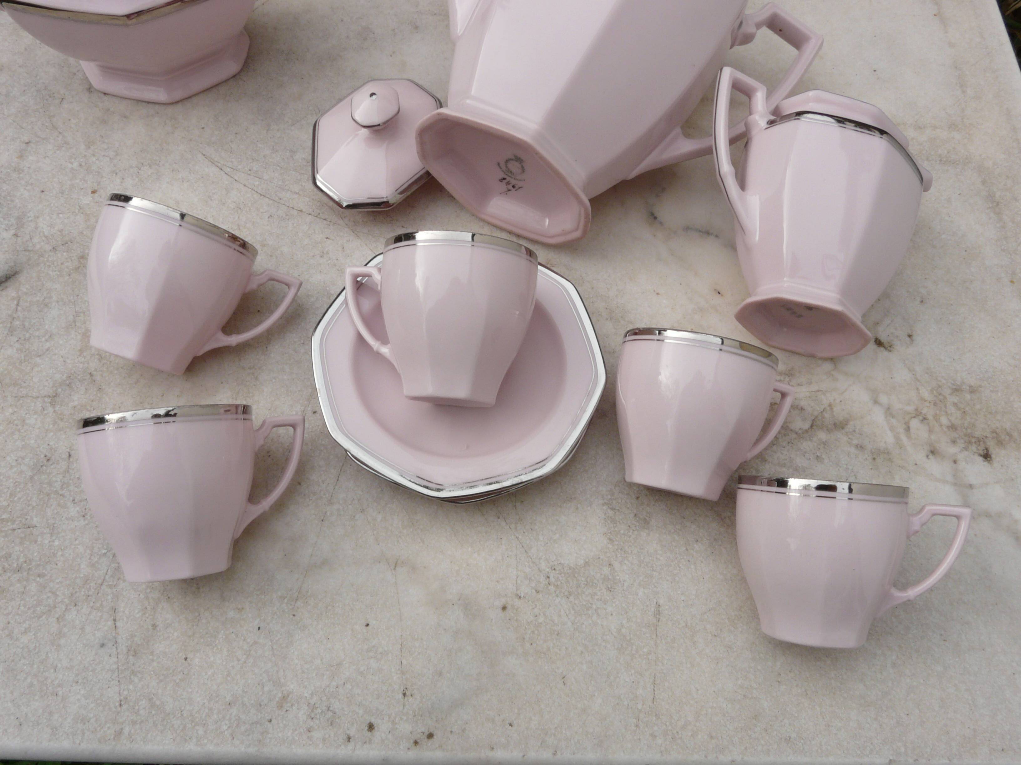 Coffee service, art deco tea, powder pink and silver stamped Czechoslovak porcelain
