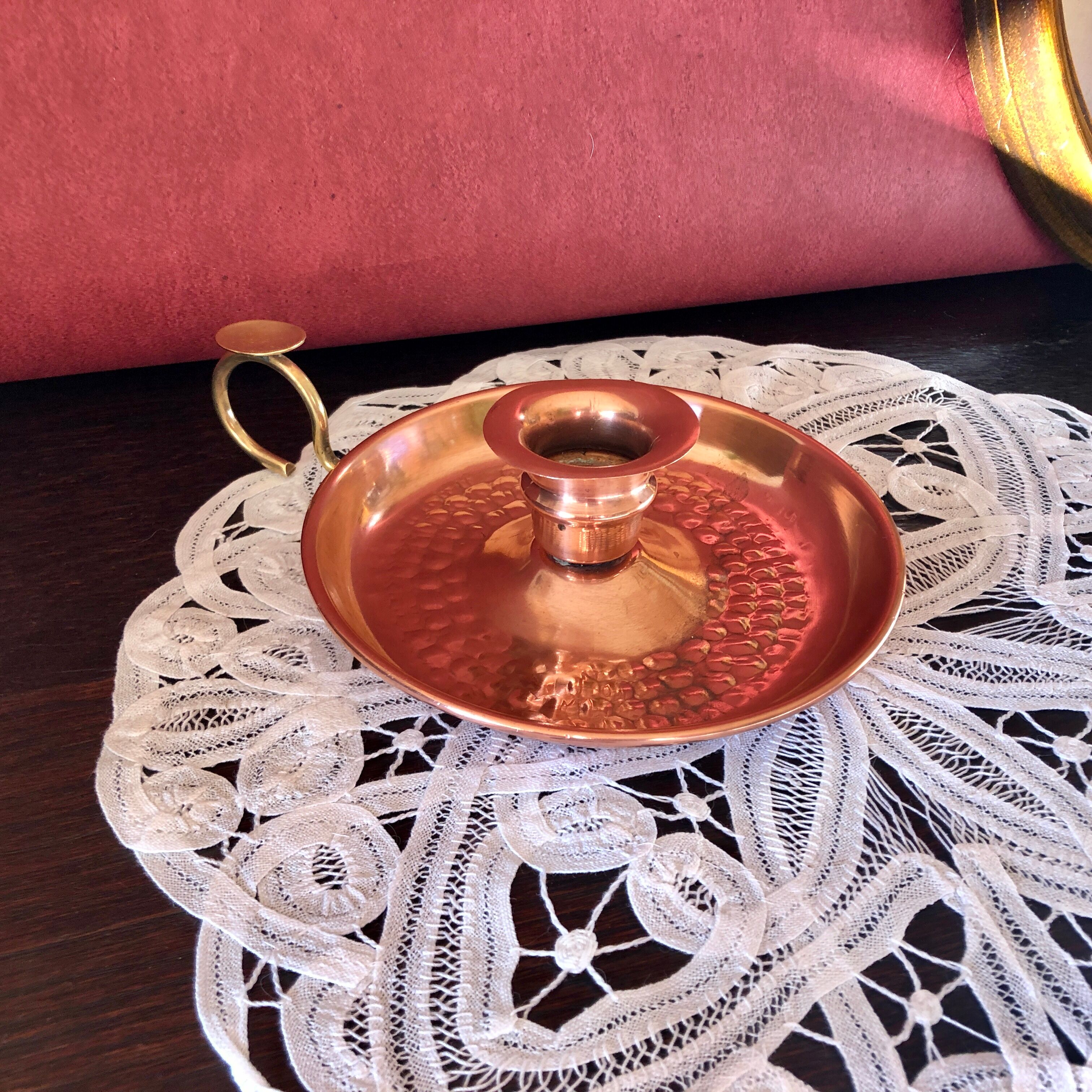 Hammered red copper and brass hand candle holder