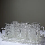 6 petites chopes et plateau vintages/anciennes en verre pressé style art déco