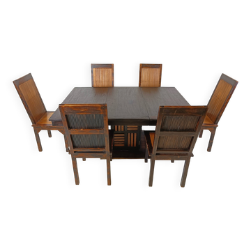 Mid-century bamboo high back dining chairs with table, 1960s