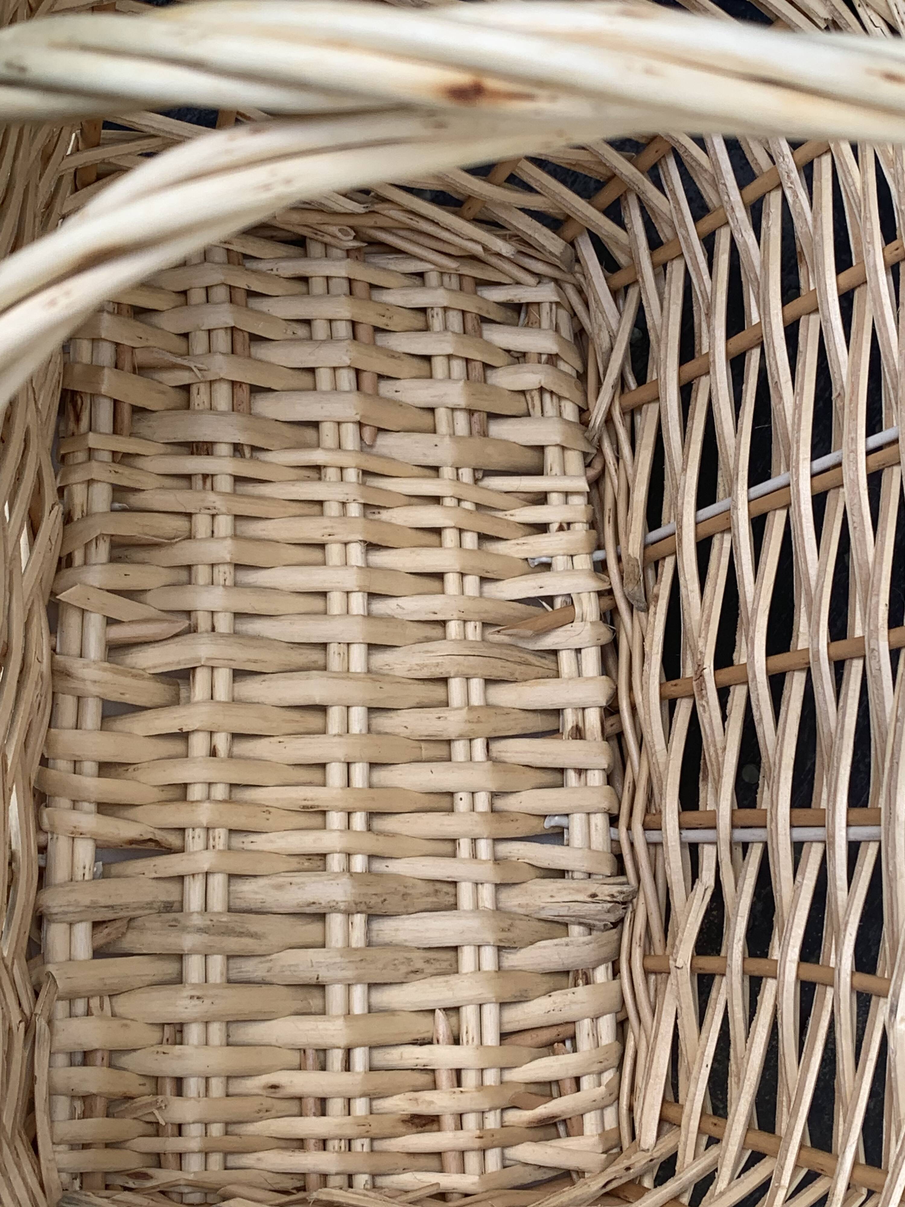 Rattan basket, woven wicker, with two vintage handles