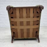 1950s, Danish relax armchair, green furniture velour, carved oak wood.