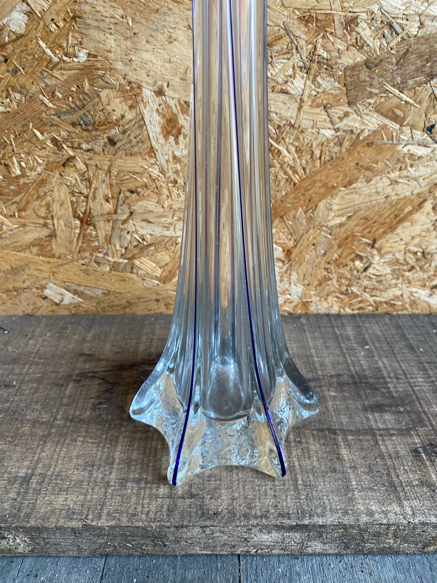 Large Antique Glass Flower Vase + Vertical Blue Lines 80cm Vintage