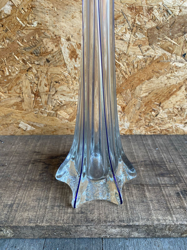 Vase soliflore ancien verre, lignes bleues verticales 80cm