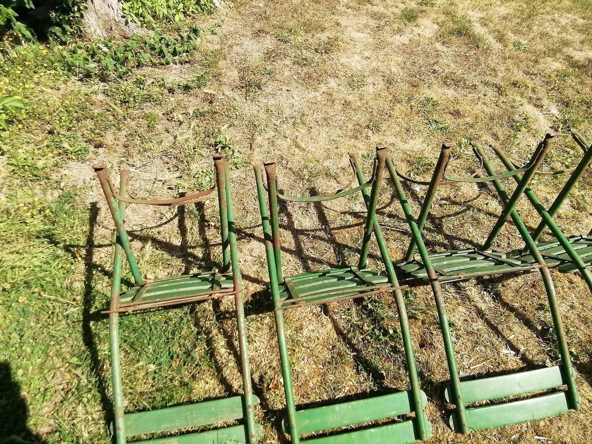 4 old iron and wood garden folding chairs