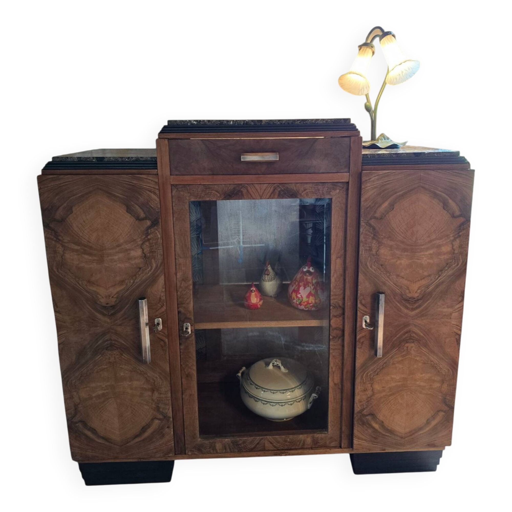 Buffet vitré Art déco en bois et marbre