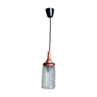 Bubbled glass and teak hanging lamp